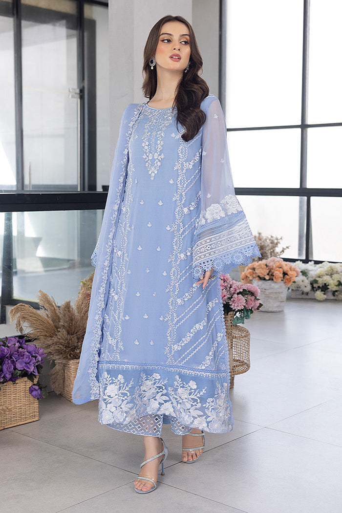 AZURE-3PC ORGANZA EMBROIDERED SHIRT WITH ORGANZA EMBROIDERED DUPATTA AND EMB TROUSER-3020