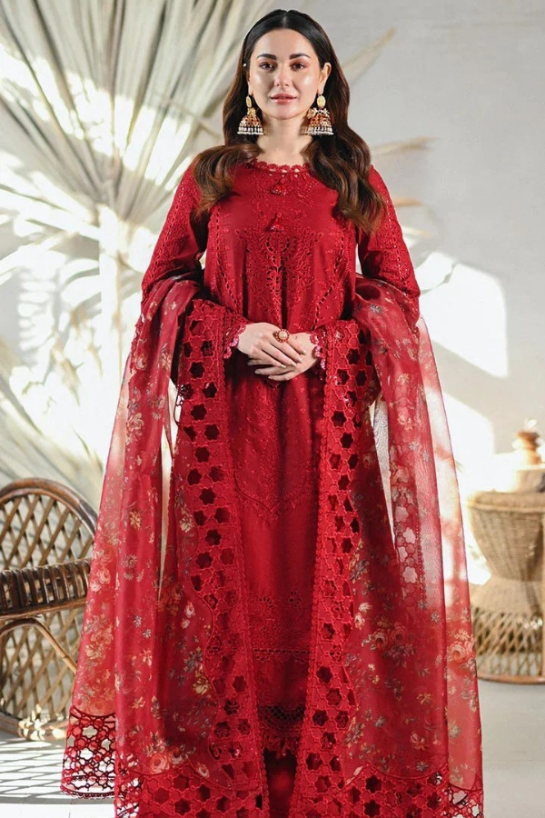 Qalamkar 3PC Embroidered Lawn Shirt with Embroidered Organza Dupatta