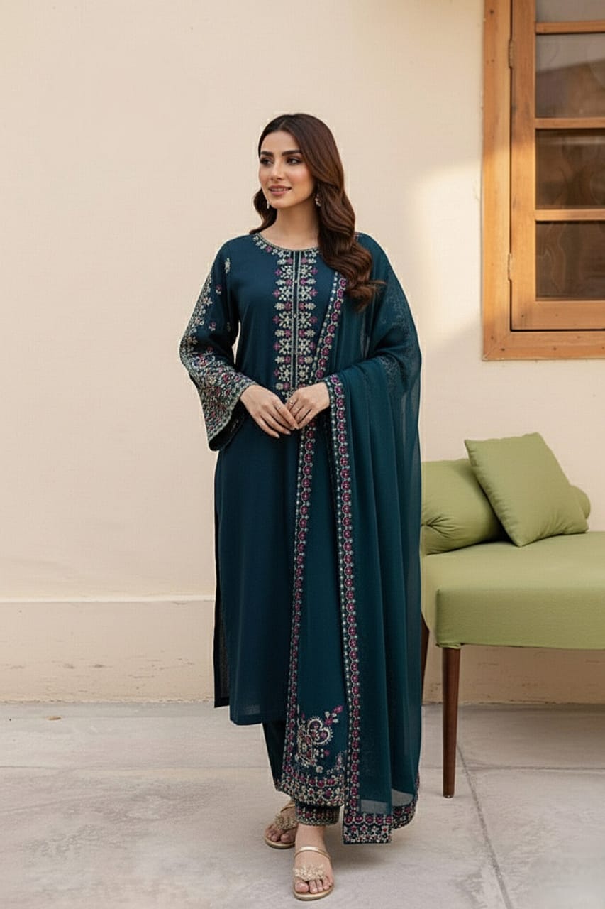 3297 Unstitched Embroidered Lawn Suit 3pc With Bamber Chiffon Embroidered Dupatta