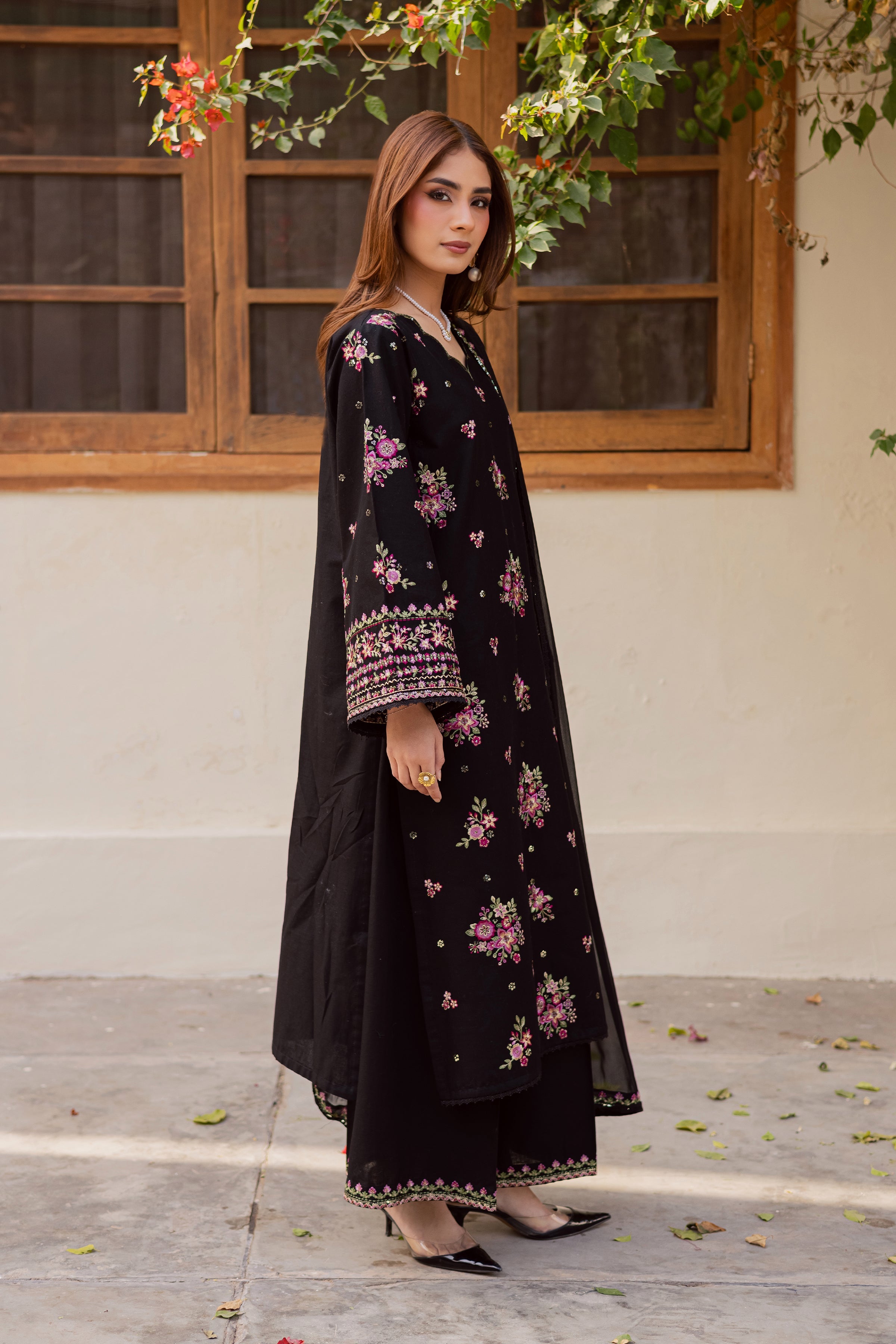 BATIK Black Pink 3Pc - Embroidered Khaddar Dress