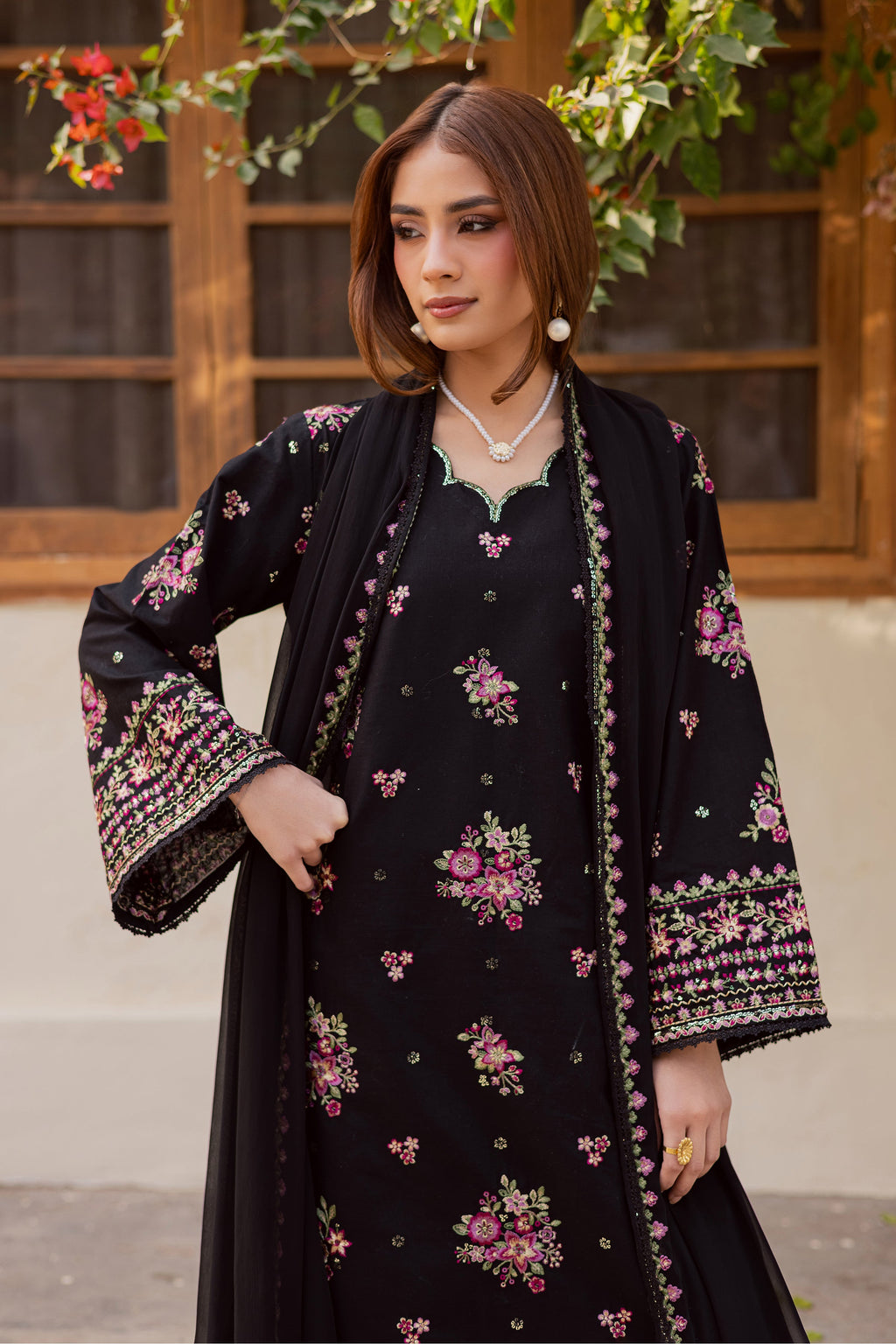 BATIK Black Pink 3Pc - Embroidered Khaddar Dress