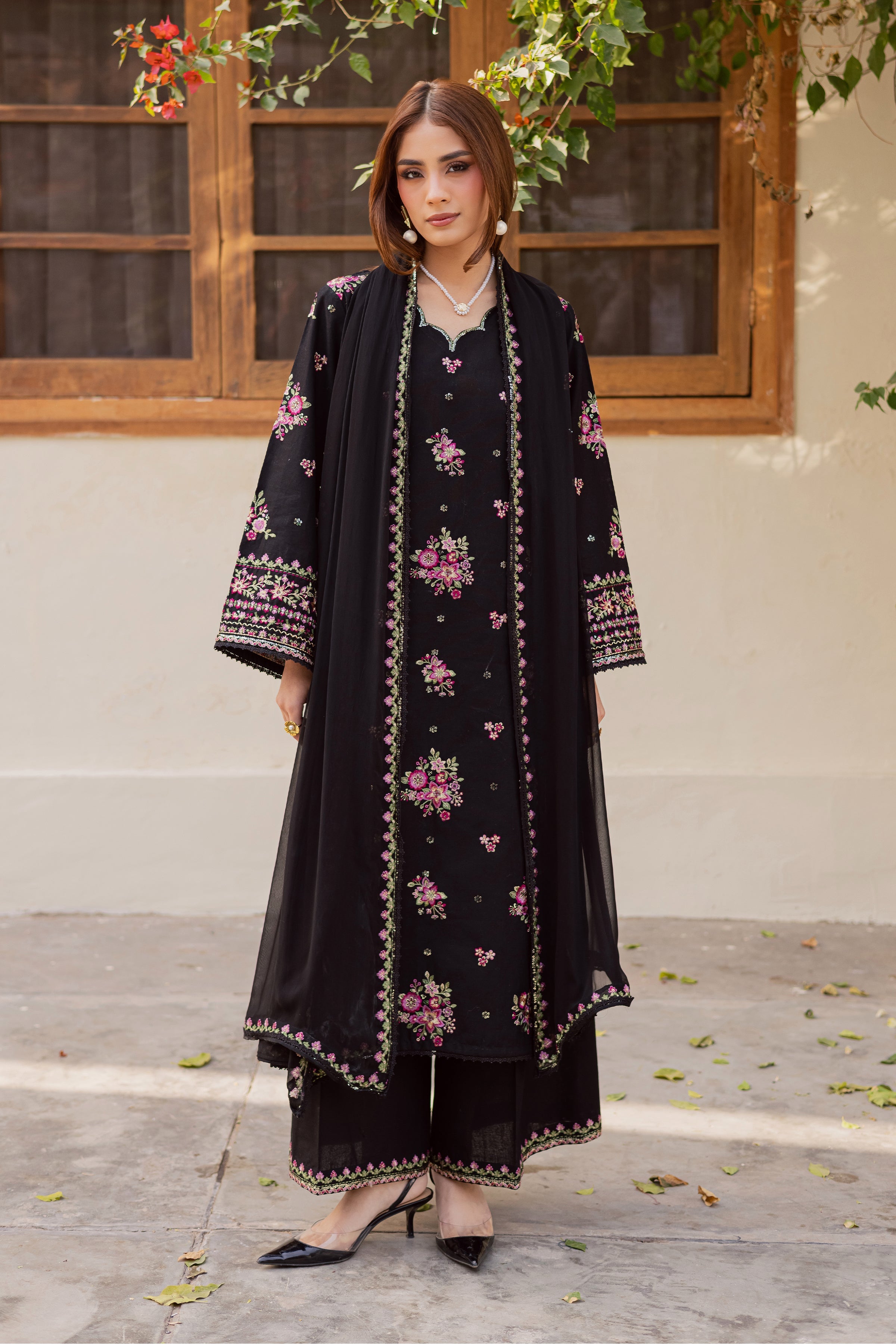 BATIK Black Pink 3Pc - Embroidered Khaddar Dress