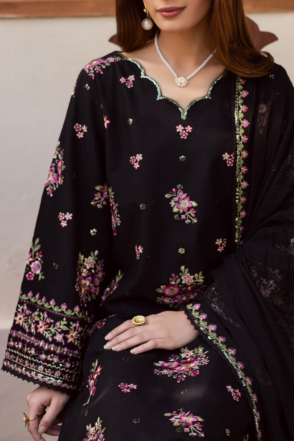 BATIK Black Pink 3Pc - Embroidered Khaddar Dress