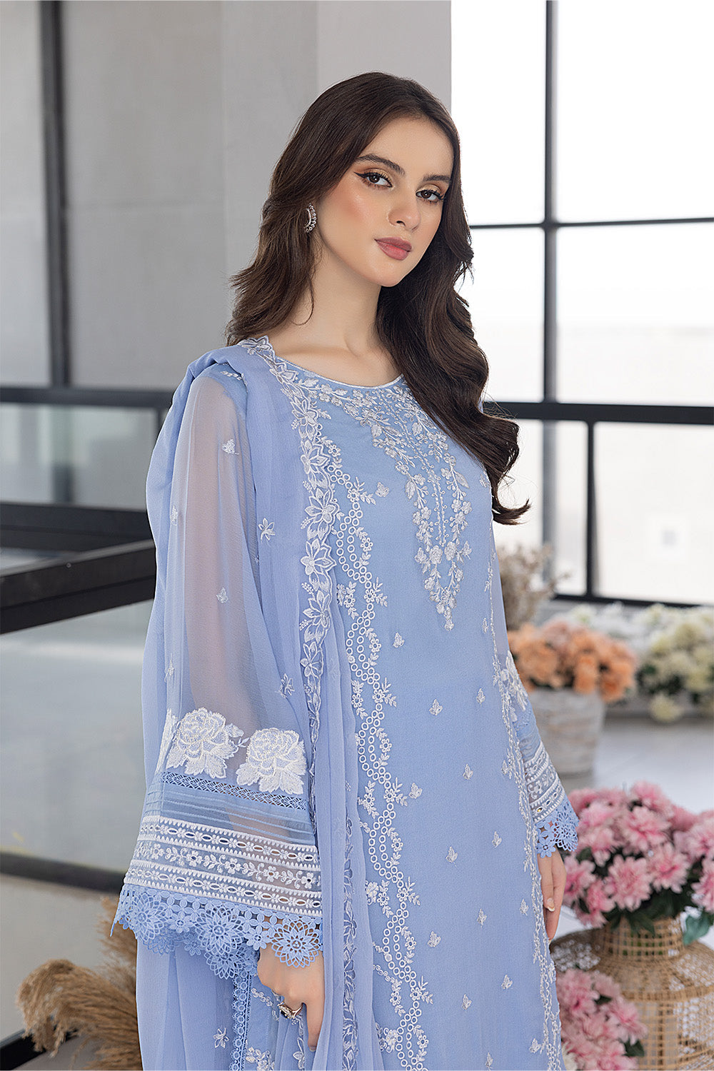 AZURE-3PC ORGANZA EMBROIDERED SHIRT WITH ORGANZA EMBROIDERED DUPATTA AND EMB TROUSER-3020