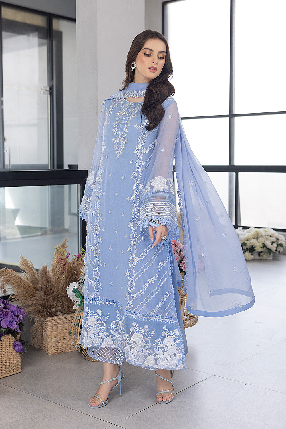 AZURE-3PC ORGANZA EMBROIDERED SHIRT WITH ORGANZA EMBROIDERED DUPATTA AND EMB TROUSER-3020