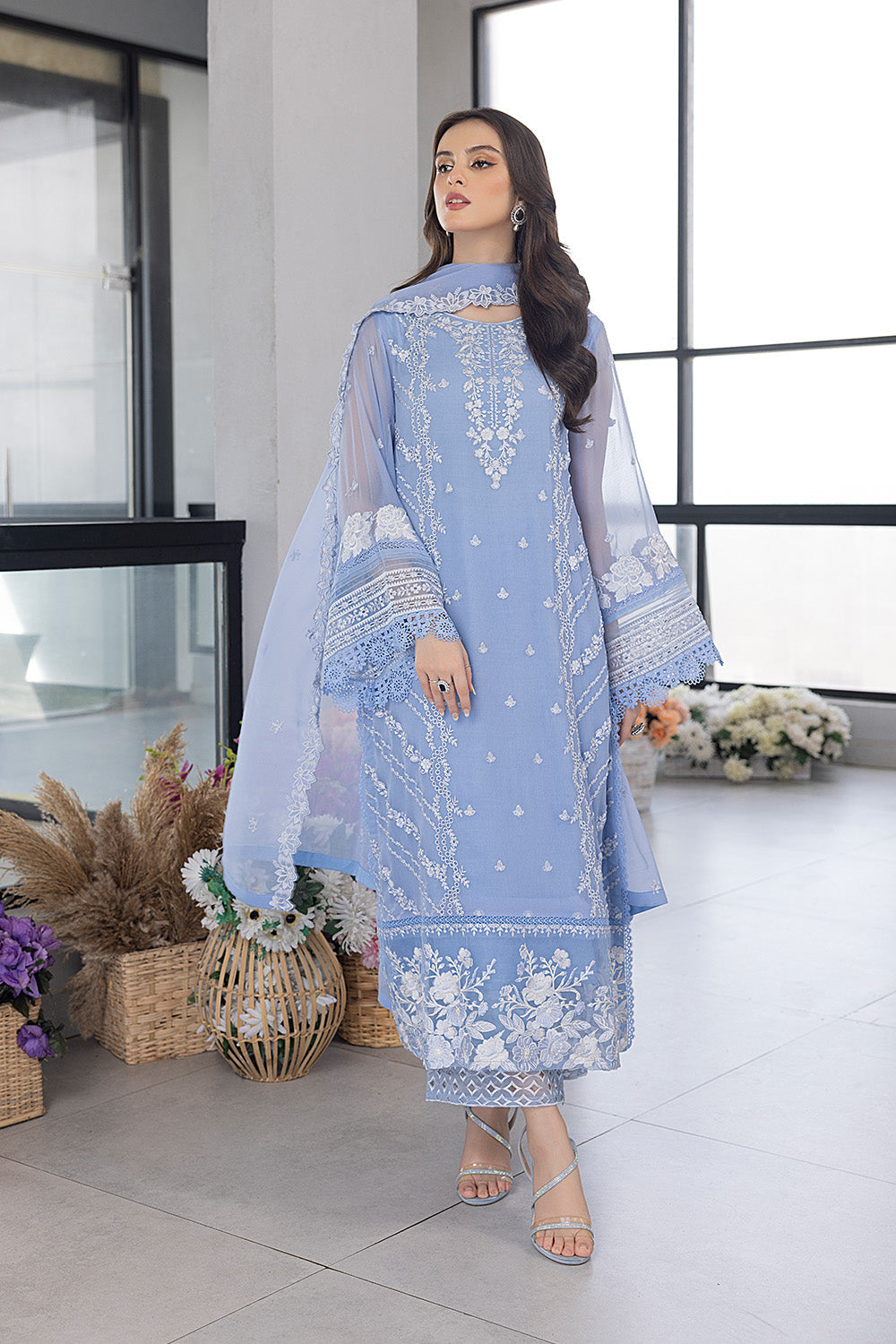 AZURE-3PC ORGANZA EMBROIDERED SHIRT WITH ORGANZA EMBROIDERED DUPATTA AND EMB TROUSER-3020