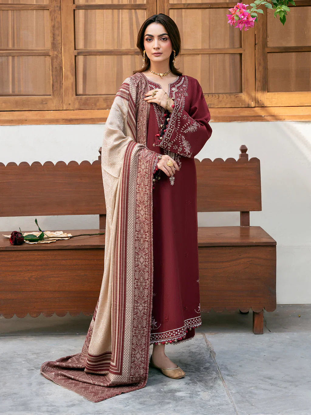 IZEL-3PC DHANAK EMBROIDERED SHIRT WITH COURTRAI PRINT SHAWL