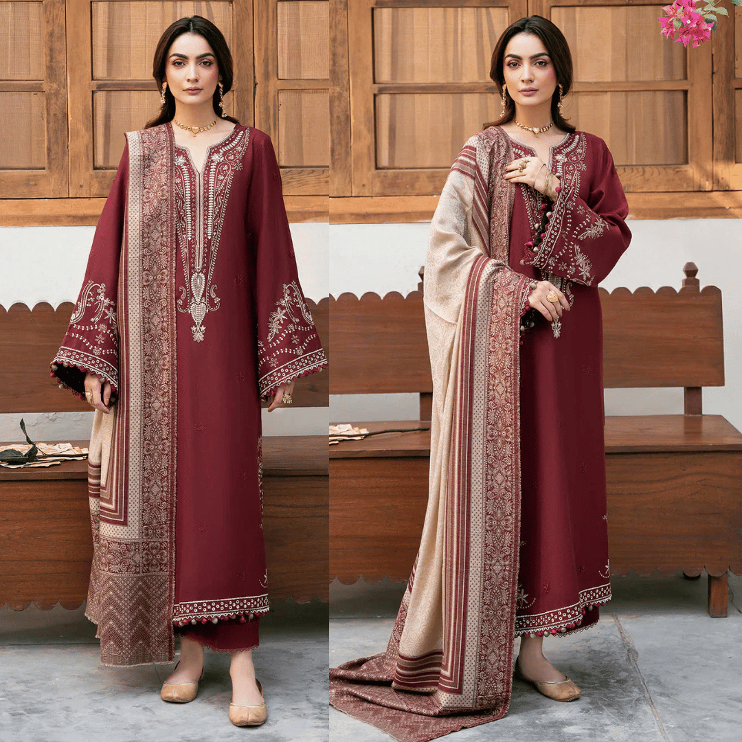 IZEL-3PC DHANAK EMBROIDERED SHIRT WITH COURTRAI PRINT SHAWL