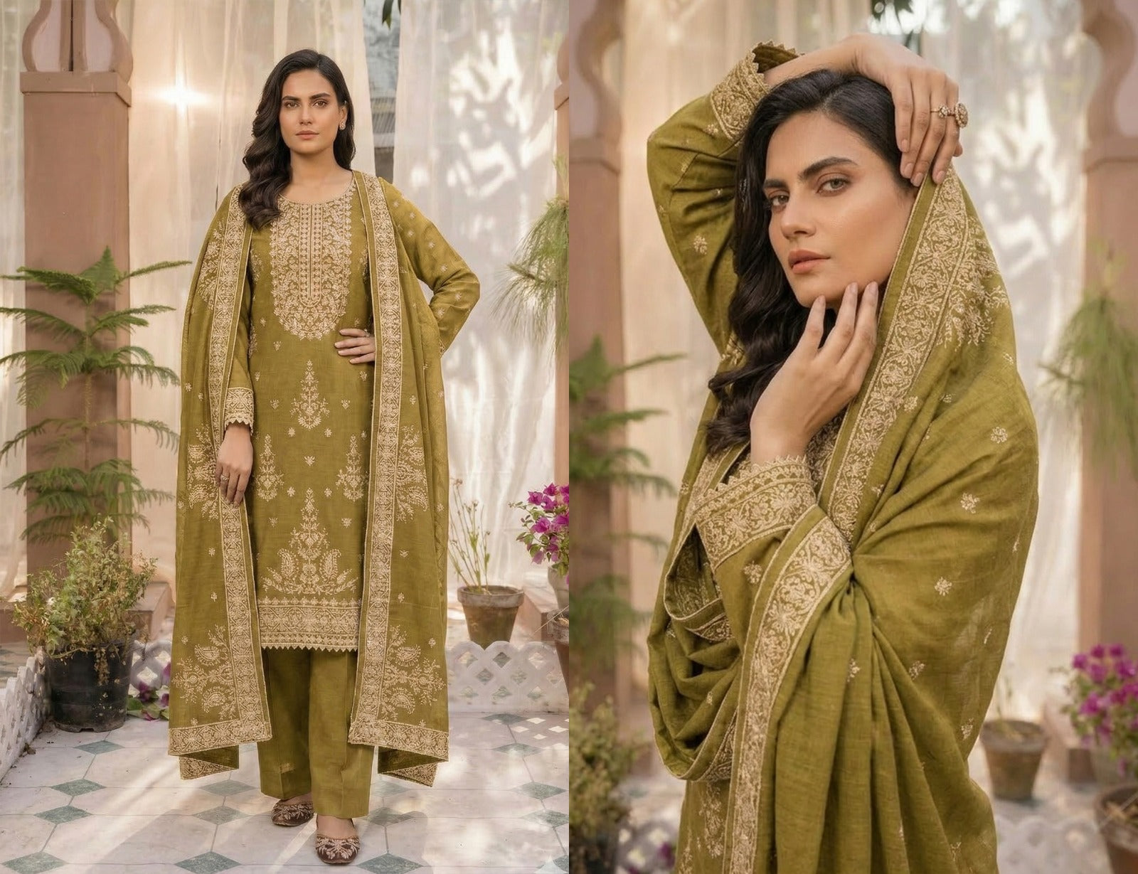 Layal Luxury Series: Hand-Embroidered Airjet Slub Lawn with Full Sequence Detail (3-Piece)