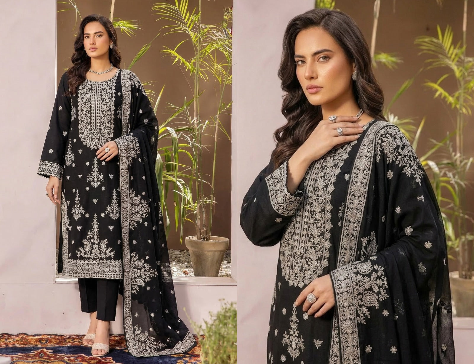 Layal Luxury Series: Hand-Embroidered Airjet Slub Lawn with Full Sequence Detail (3-Piece)