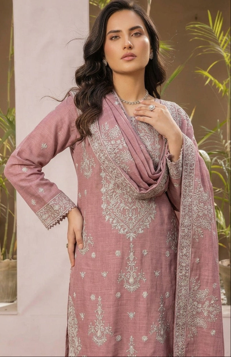 Layal Luxury Series: Hand-Embroidered Airjet Slub Lawn with Full Sequence Detail (3-Piece)