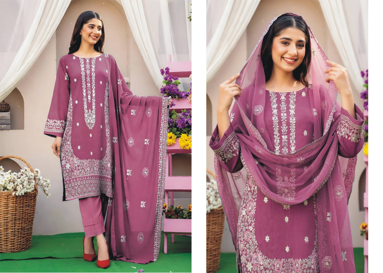 Heavy Chickenkari & Full Sequence Airjet Slub Lawn with Cutwork Dupatta (3-Piece)