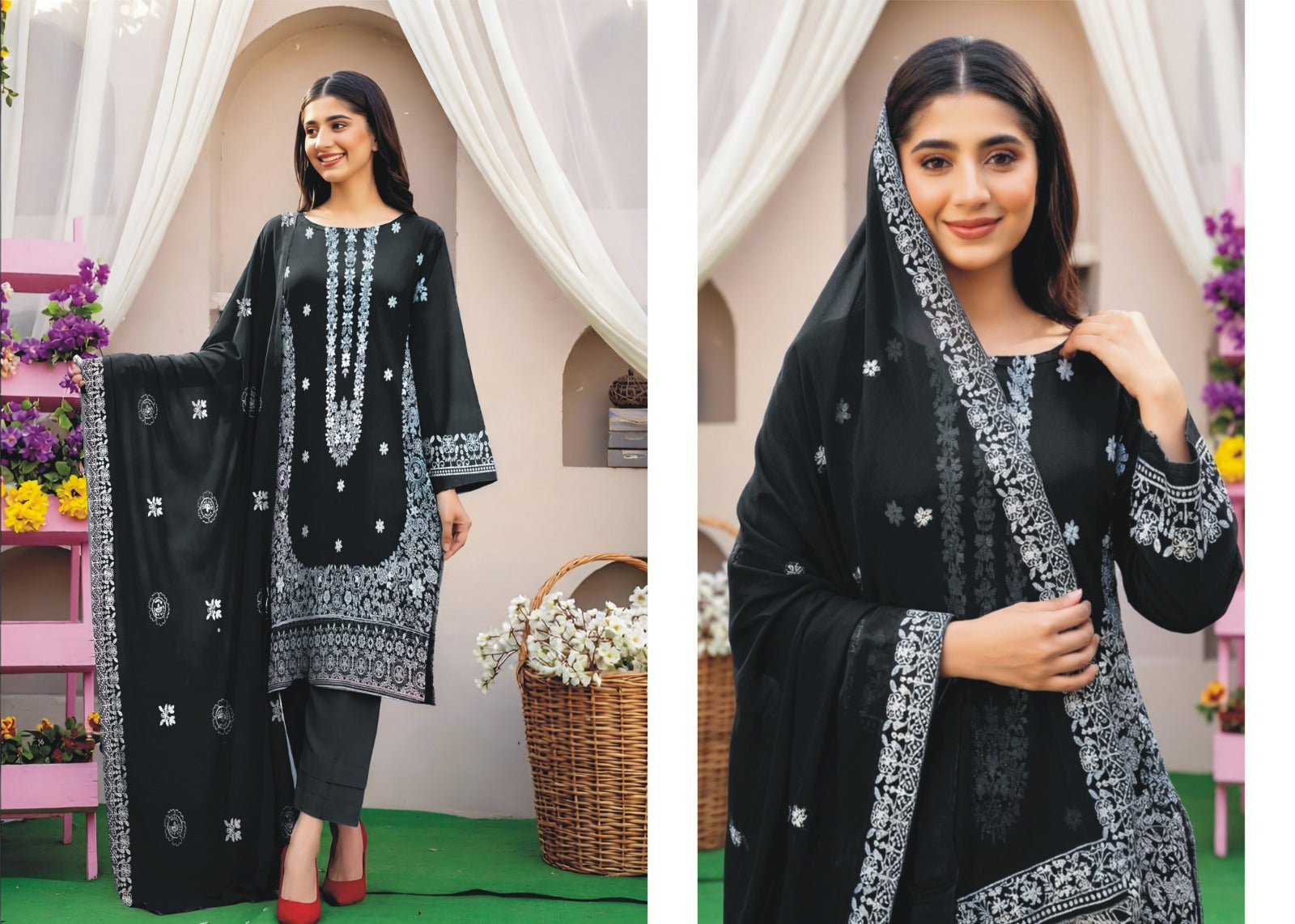 Heavy Chickenkari & Full Sequence Airjet Slub Lawn with Cutwork Dupatta (3-Piece)
