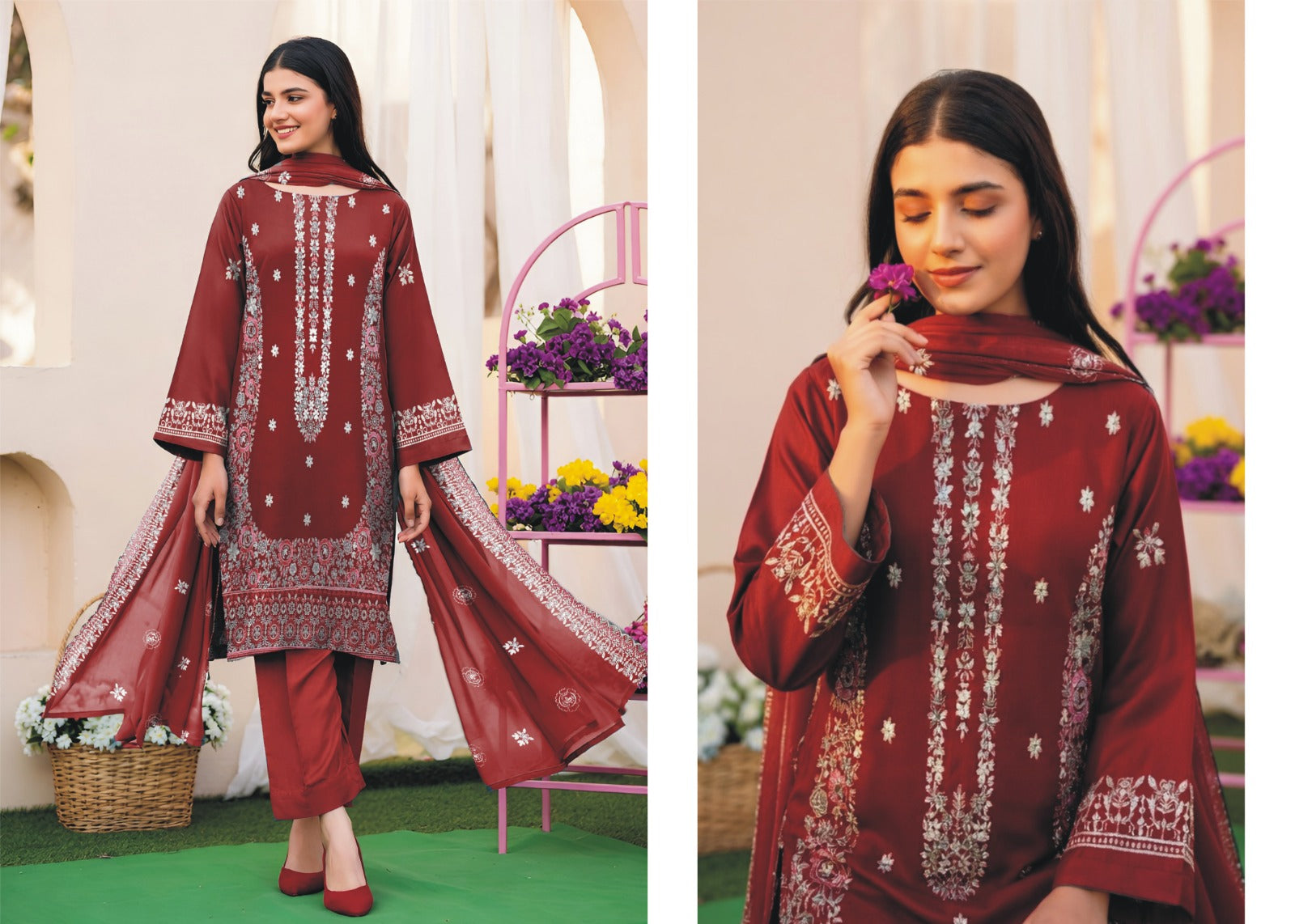 Heavy Chickenkari & Full Sequence Airjet Slub Lawn with Cutwork Dupatta (3-Piece)