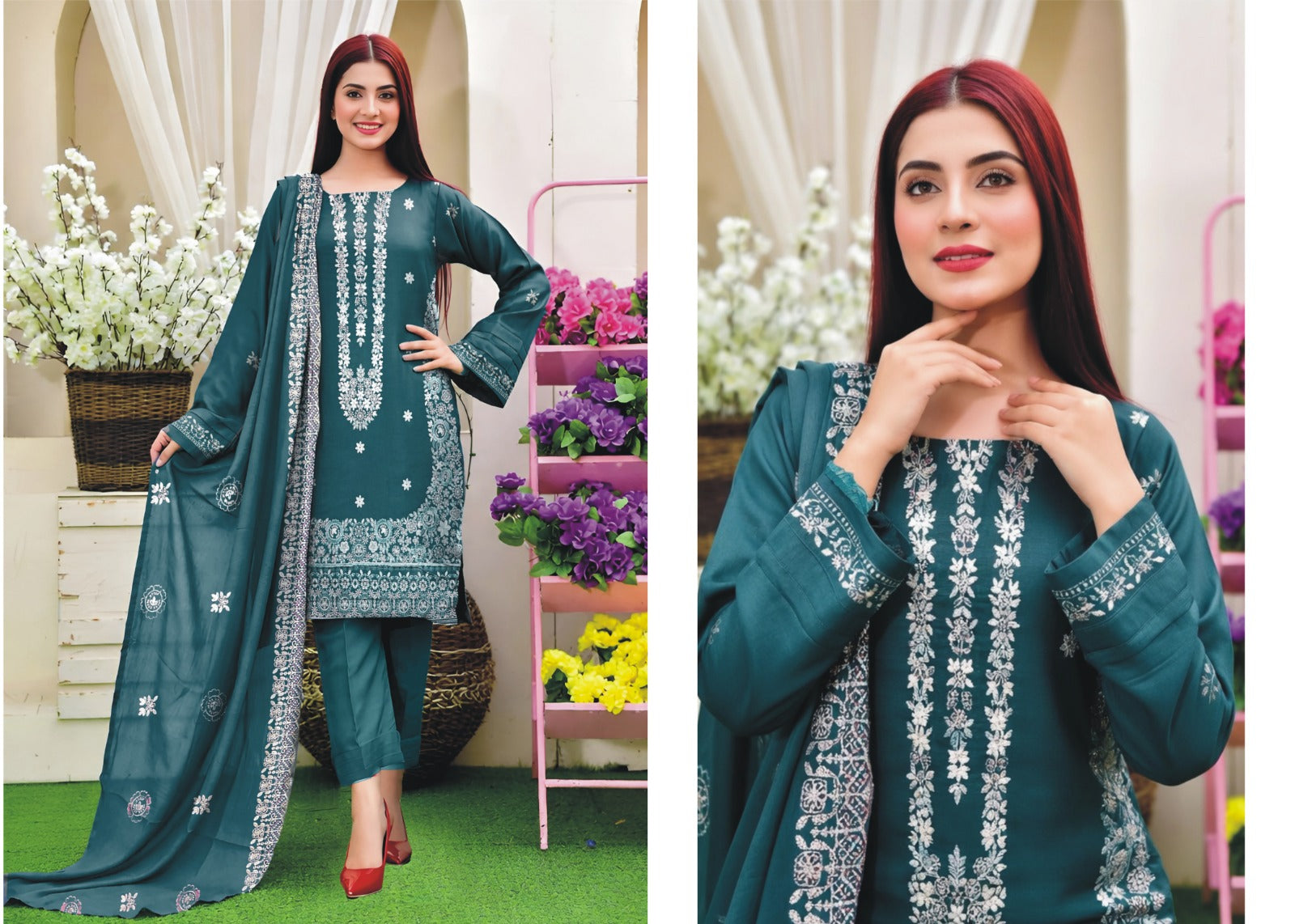 Heavy Chickenkari & Full Sequence Airjet Slub Lawn with Cutwork Dupatta (3-Piece)