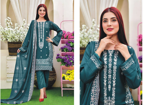Heavy Chickenkari & Full Sequence Airjet Slub Lawn with Cutwork Dupatta (3-Piece)