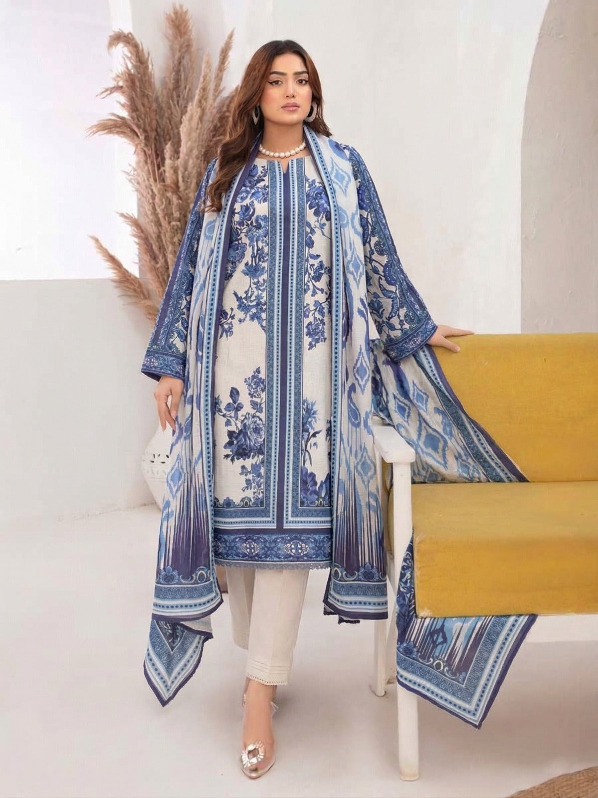 Luxury Digital Air jet Lawn Print Shirt Air jet Voil Lawn Print Dupatta with Dyed Trouser