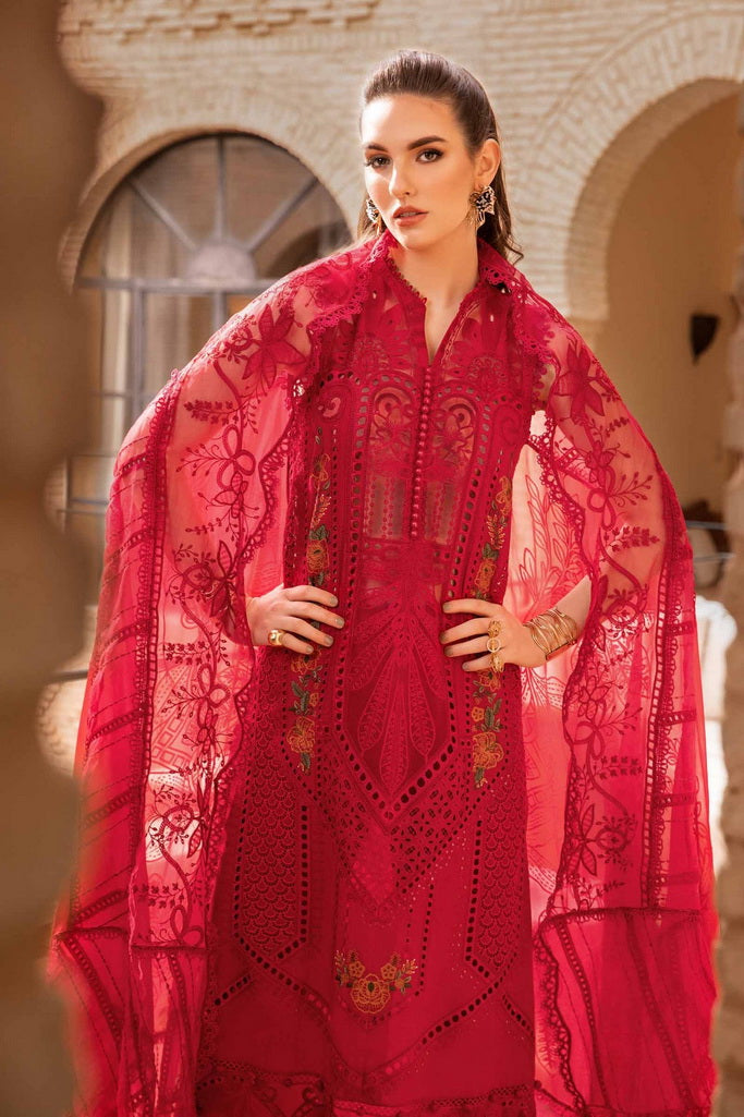 3 Piece - Unstitched Fully Embroidered Lawn Fabric MB-100 Red