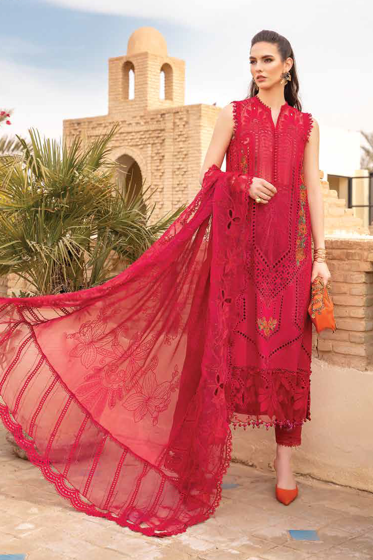 3 Piece - Unstitched Fully Embroidered Lawn Fabric MB-100 Red