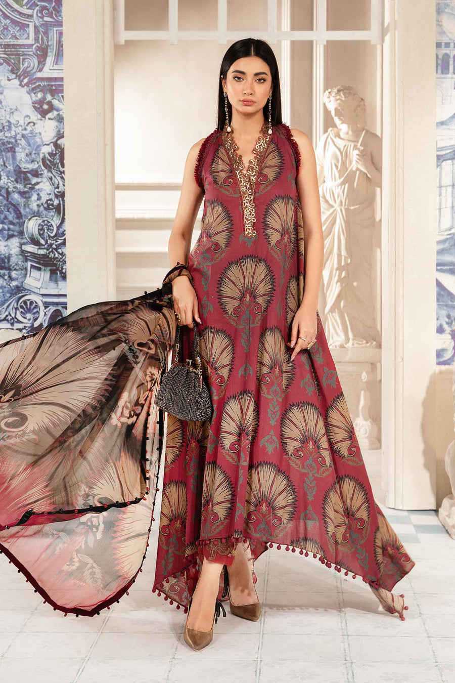 3 Piece - Unstitched Digital Printed Lawn Fabric With Voile Dupatta MB-444